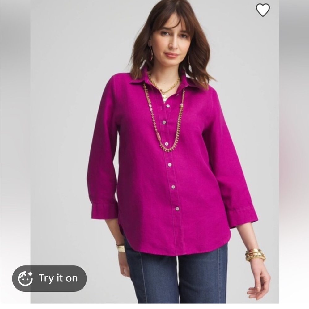 Chico's Bright Pink 100% Linen Button Down Long Sleeve Shirt Sz 3 US 16 Luxury